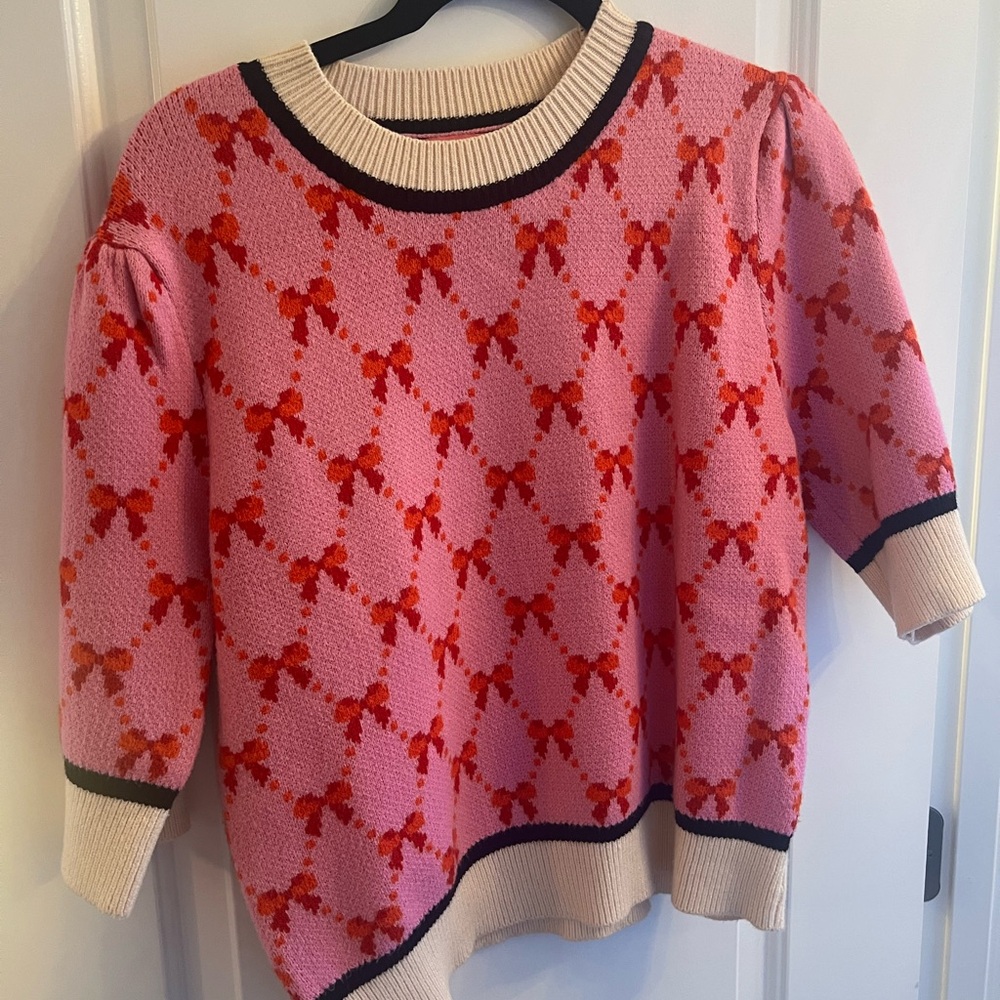THML Pink and Red Crewneck Sweater with Bow Pattern